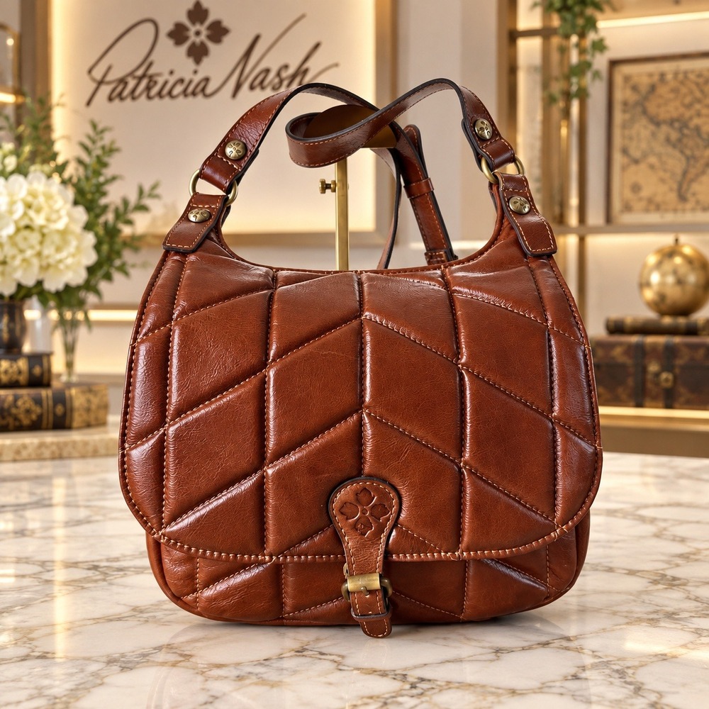 Patricia Nash London Quilted Leather Saddle Crossbody Bag Brown Cognac
